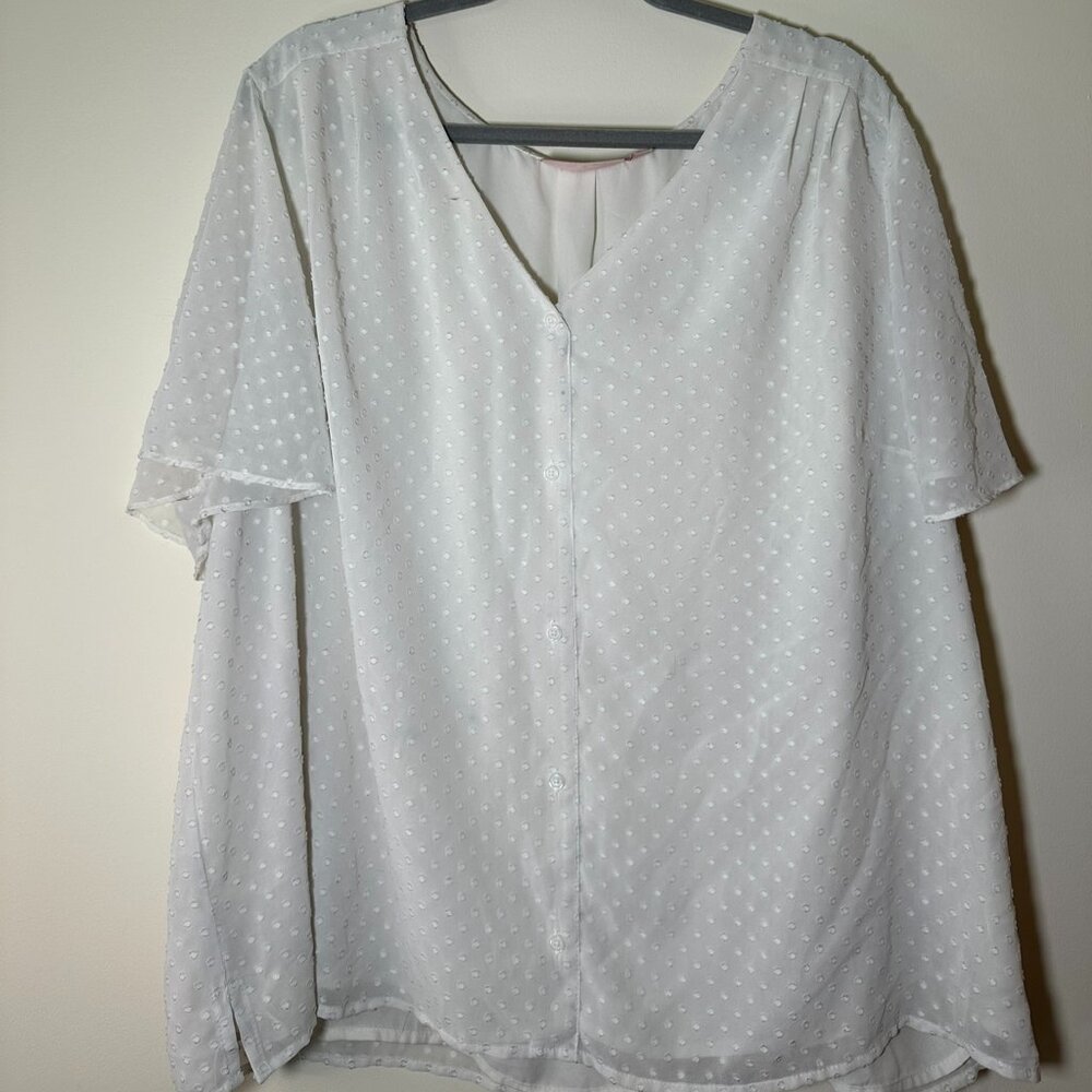 EVRI White Swiss Dot Button Up Womens Size 3X Flutter Sleeve V Neck Lined
